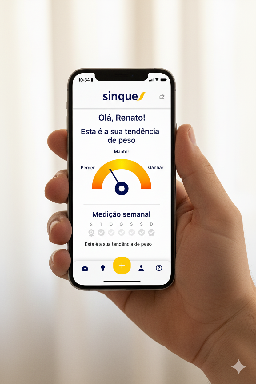 Sinque app showing weekly weight trend with a calm gauge